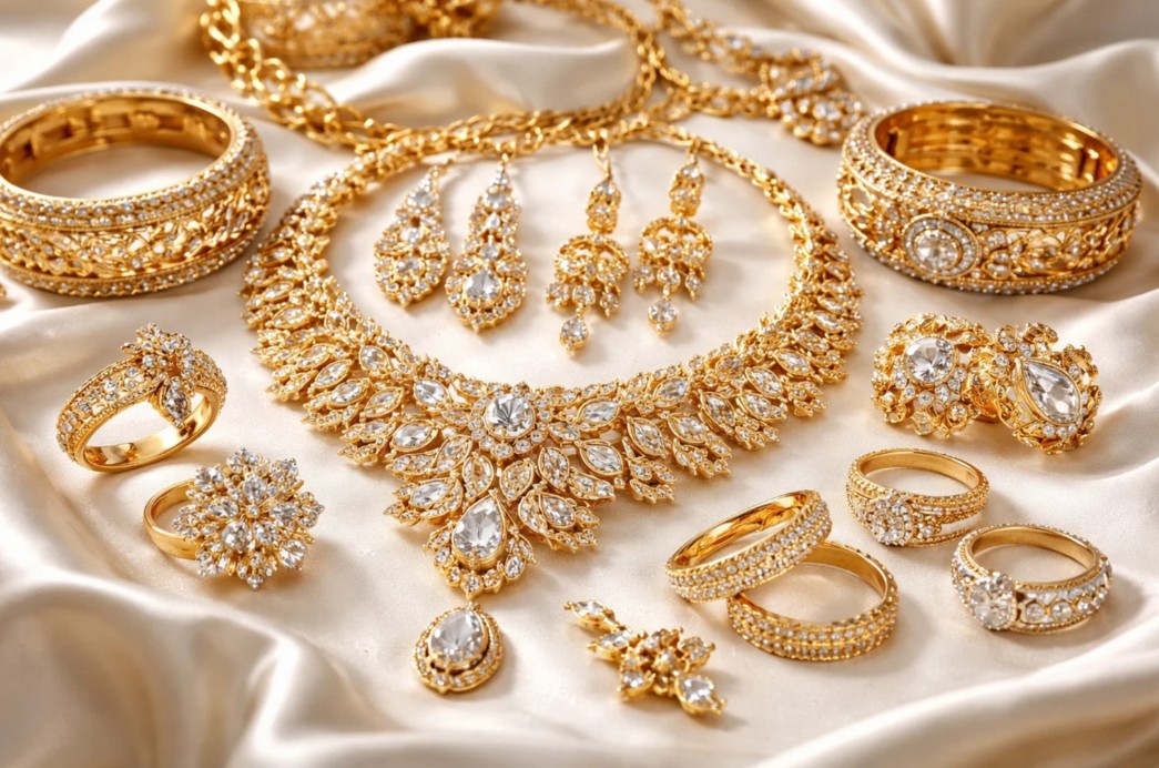 Gold jewelry, diamond ring, luxury watch, gold coins and precious metals